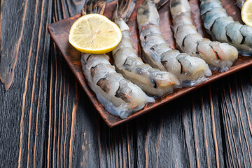 Raw big tiger ( king ) shrimps Cleaned, Peeled & Deveined photography . Top view