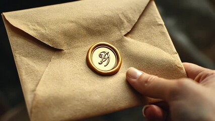 A hand holding a brown envelope with a stamp on it