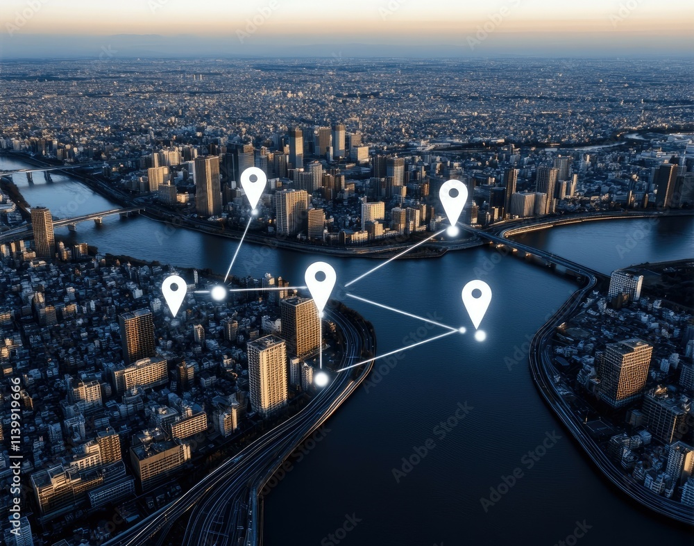 Poster aerial view highlights a modern city with digital network connections and floating map pins over bui
