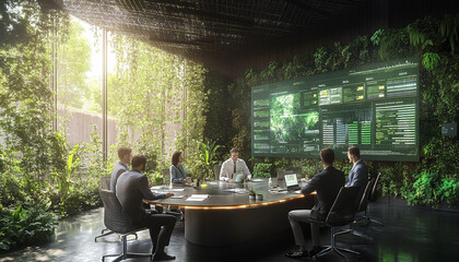 A modern conference room surrounded by greenery, featuring a digital display and engaged participants.
