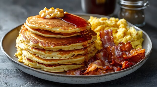 Breakfast consist of pancakes with crispy bacons, maple syrup and scrambled eggs. 