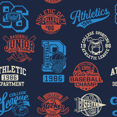 College athletic department sporting badges patchwork cute vector seamless pattern for children kid wear fabric t shirt sweatshirt pajamas