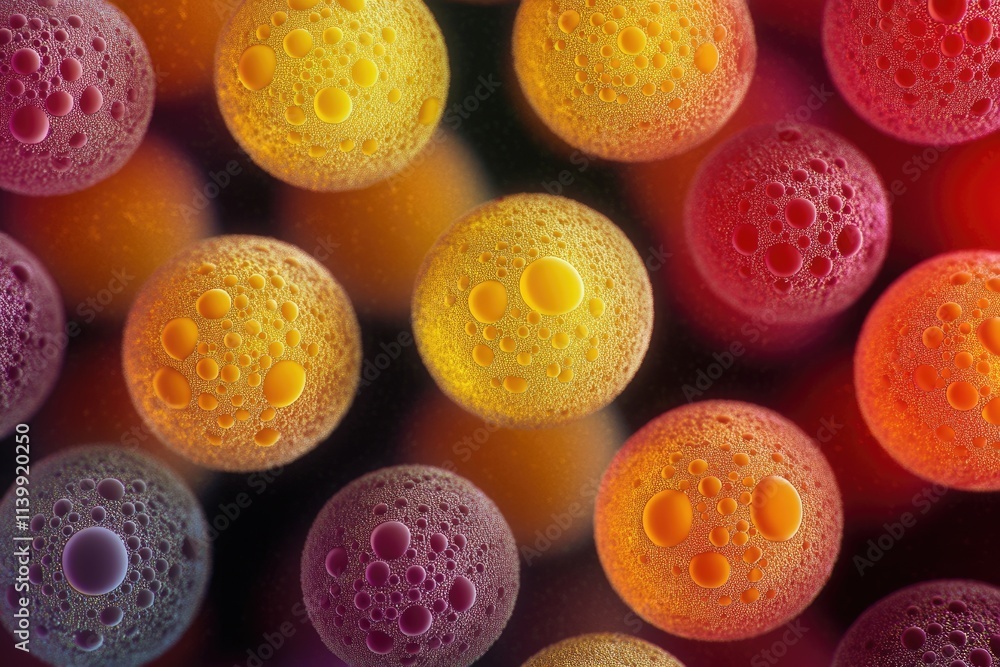 Poster microscopic abstract image of vibrant, multicolored oil bubbles, creating a mesmerizing visual textu