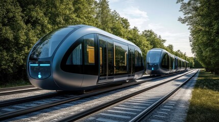 Fototapeta premium Futuristic Trains Traveling Through Lush Green Forest