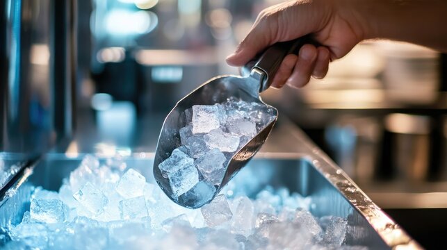 A hand scooping ice cubes from an ice machine with a metal scoop, background showing a well-lit restaurant counter.