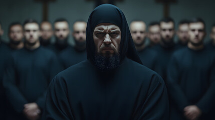 A group of religious figures with the Pope in front, symbolizing unity, faith, and leadership in the Christian community, capturing a moment of reverence and spiritual significance within a solemn and