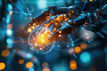 Robotic arm delicately holds a glowing network sphere, symbolizing AI and global connectivity.