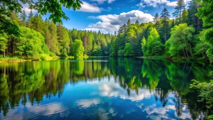 Obraz premium Tranquil lake surrounded by dense forest with vibrant greenery , serene, peaceful, nature, landscape, quiet, corner, trees