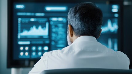 Business professional analyzing data on a large screen in a modern office during working hours