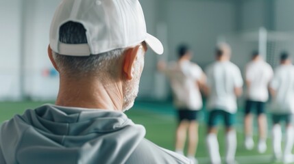 Coach observes players during training session at indoor sports facility in early morning