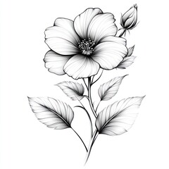 Obraz premium Monochrome line drawing of a single hibiscus flower with bud and leaves.