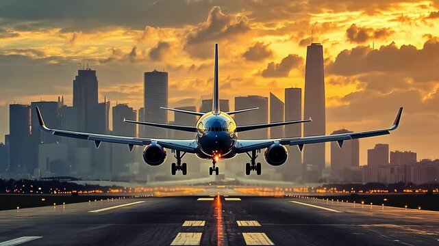 A commercial airplane descends at sunrise against a city backdrop, reflecting a blend of travel and urban life. The warm sky contrasts with cool city silhouettes, conveying a sense of arrival or new