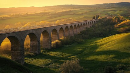 Stone Arch Bridge Over Rolling Green Hills At Sunset