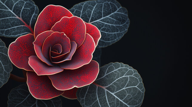 A hyper-realistic digital image of a vibrant flower, captured in stunning detail. The plant is positioned at the edge of the frame, with every texture, color, and vein on the leaves highlighted by sof