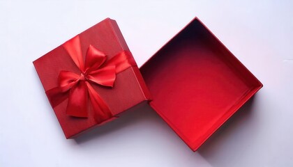 Elegant Open Red Gift Box with Satin Ribbon Bow. Perfect for Holidays, Birthdays, Anniversaries, Special Surprises, Proposal Packaging, or Luxury Gift Presentation for Festive Occasions