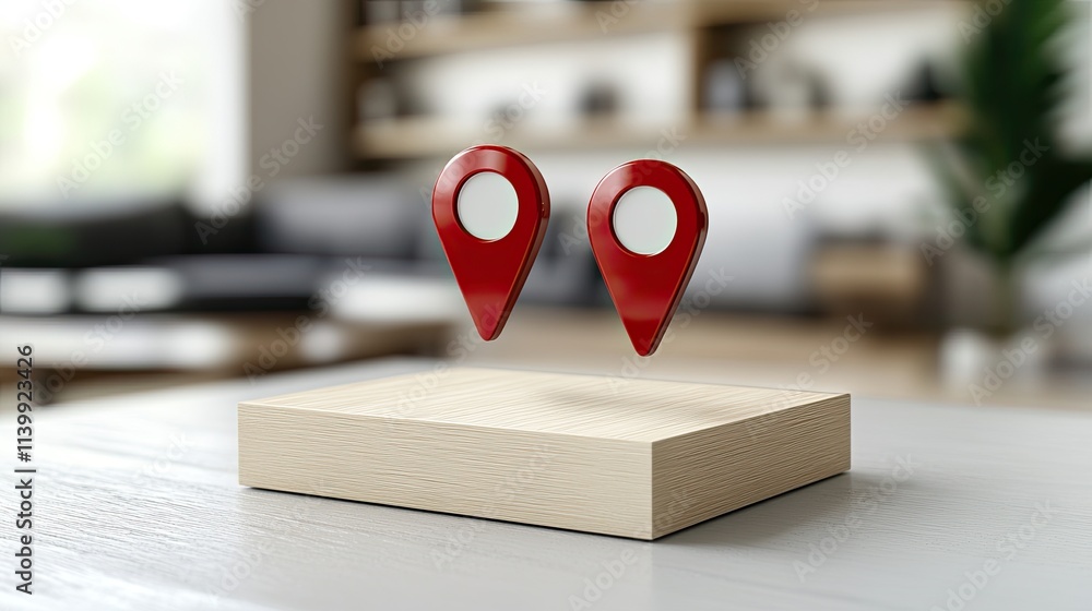 Aufkleber top-view perspective showcasing buildings marked with red location pins, symbolizing a global networ