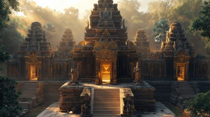 Fototapeta premium Ancient Temple Sunrise Golden Ruins Jungle Setting
