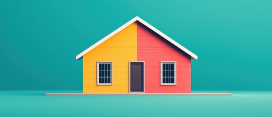 A vibrant, split-colored house design featuring yellow and red sides against a teal background, representing modern architecture and creativity.