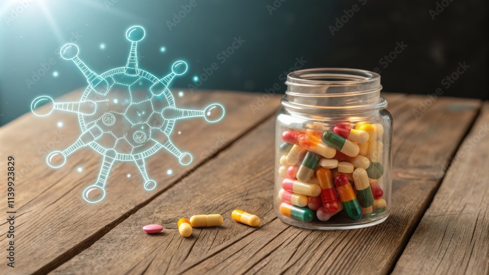Poster a rustic wooden table holds a transparent jar b with vibrant probiotics each capsule reflecting ligh