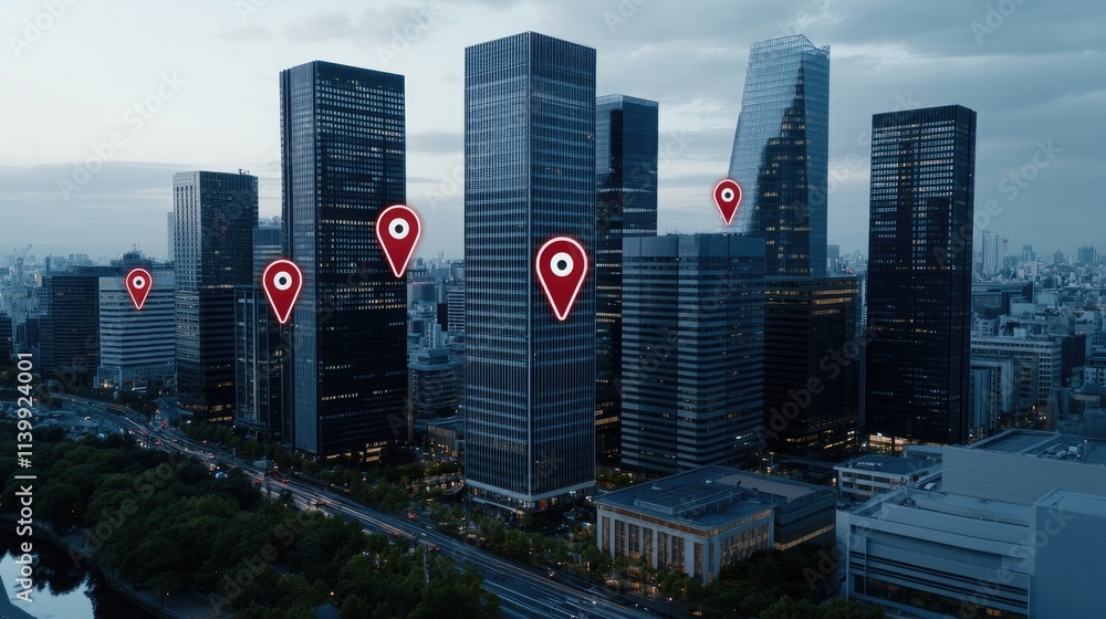 Poster top-view perspective showcasing buildings marked with red location pins, symbolizing a global networ