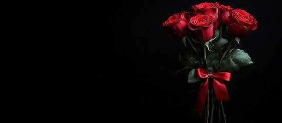 Elegant bouquet of red roses with rich green leaves displayed against a simple dark background for creative design purposes