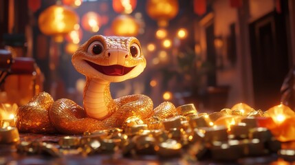Adorable golden snake with sparkling scales surrounded by glowing gold coins, symbolizing prosperity, wealth, and Chinese New Year celebration