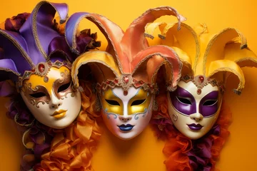 Gardinen Studio shot of three venetian masks with colorful feathers on orange background, celebrating carnival tradition © nsit0108