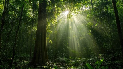 Obraz premium Sunbeams Illuminate Lush Rainforest Canopy