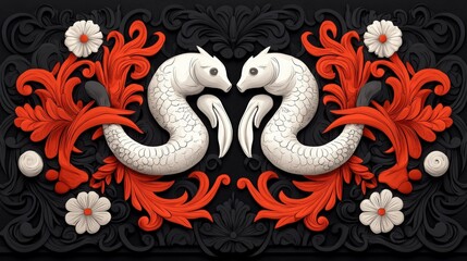 Obraz premium Elegant Red Black Floral Sea Horse Design Intricate 3D Art High Resolution Wallpaper