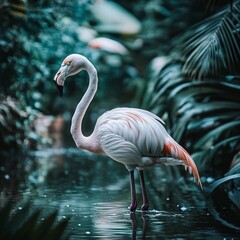 wildlife photo of a flamingo standing in water,