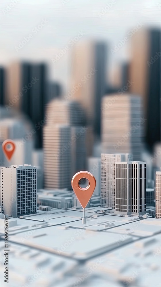 Poster top-view perspective showcasing buildings marked with red location pins, symbolizing a global networ