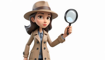 Female Detective Scrutinizing Clues with Magnifying Glass 3D Render