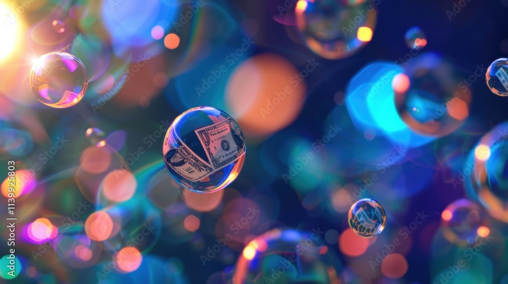 Poster one dollar bill is reflected inside a soap bubble floating against a colorful bokeh background, repr