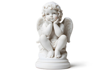 White marble statue of sitting cherub, isolated on white background