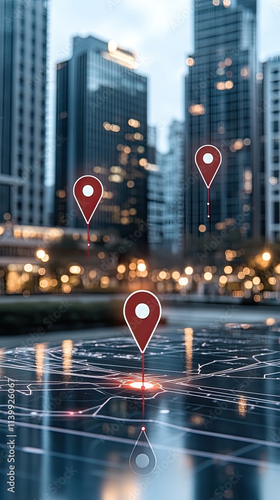 Poster top-view perspective showcasing buildings marked with red location pins, symbolizing a global networ