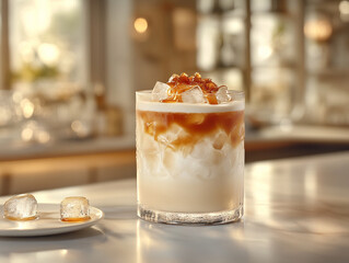 A refreshing iced drink with layers of cream and caramel, served in a stylish glass.