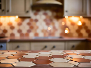 Stylish hexagonos kitchen backsplash design modern home interior photography warm atmosphere close-up view aesthetic inspiration