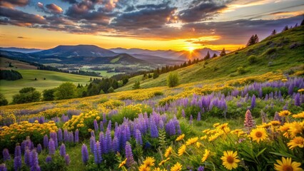 Stunning Sunrise Over Purple Lupine and Yellow Balsam Root Wildflowers at Tom McCall Preserve, Oregon â€“ Scenic Hillside View in 4K Resolution