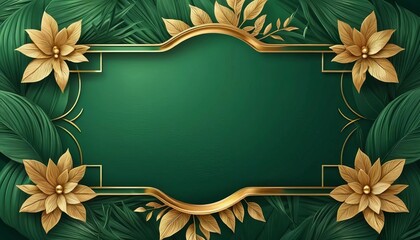 Luxury green summer background and wallpaper vector with golden metallic decorate wall art