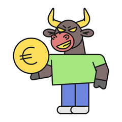 Bull holds coin with euro sign and smiles