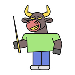 Bull holds pointer and smiles
