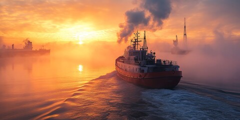 Oil Trading Vessel Navigating Through Morning Fog at Sunrise