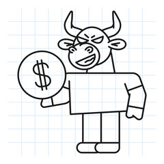 Doodle bull holds coin with dollar sign and smiles