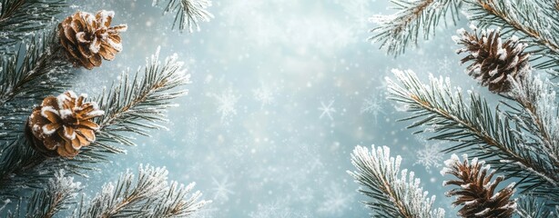 Winter mockup with snowy pine branches and pine cones creating an empty space for text placement or design elements mockup, mock up, template, empty, for text, place, copyspace, copy space