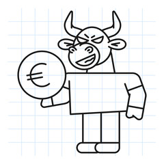 Doodle bull holds coin with euro sign and smiles