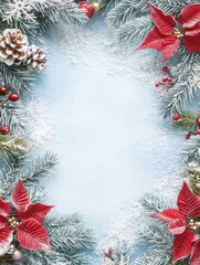 Elegant Christmas Frame Design with Snowy Pine and Poinsettia Border for Holiday Celebrations, Perfect for Seasonal Greetings or Invitations