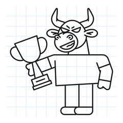 Doodle bull holds gold cup and smiles