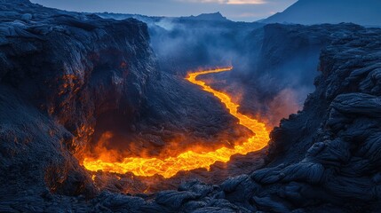 Molten lava flows through a dark volcanic canyon