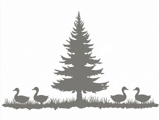 Holiday silhouette art duck Christmas tree flying birds white backdrop serene winter scene seasonal decor greeting card nature minimal simple vector greeting invitation card clipart rustic retro pond