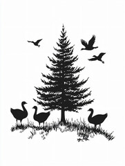 Silhouette Christmas tree geese flying bird white background nature festive design animal holiday serene winter scene black monochrome invitation greeting card vintage retro wish wallpaper wall decor